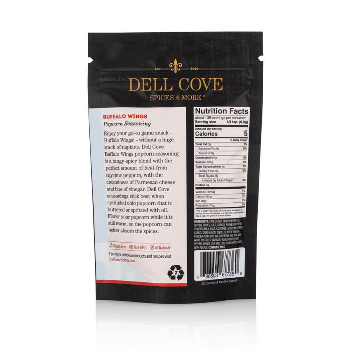 Close-up of back side of Dell Cove spicy buffalo popcorn seasoning pouch, with nutritional panel 