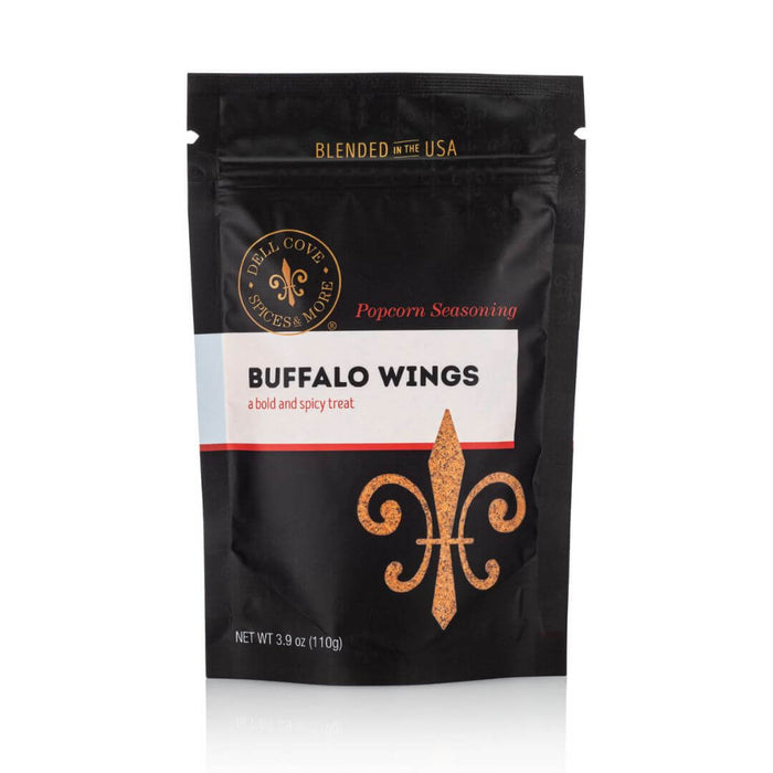 Dell Cove® Buffalo Wings Popcorn Seasoning pouch made with red pepper flakes for a spicy and savory gift for popcorn lovers