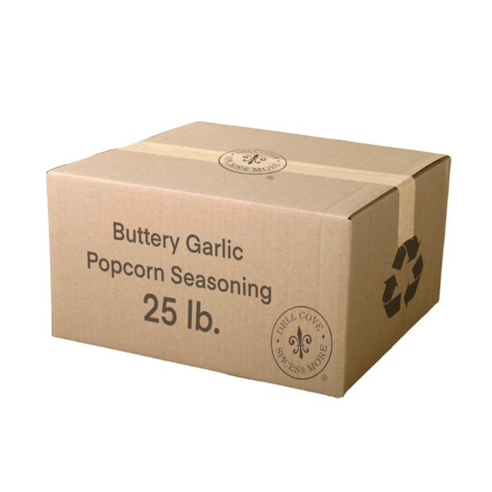 Twenty five pound box of Buttery Garlic Popcorn Seasoning on a white background