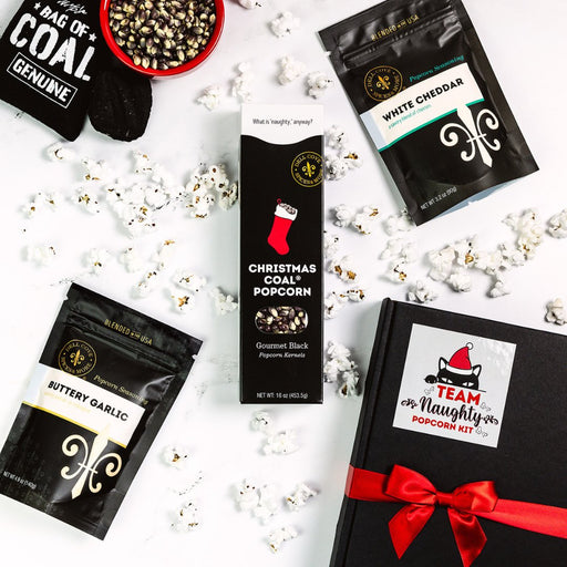 Dell Cove® Naughty Cat Popcorn Kit gift box with black kernels and red ribbon – funny Christmas gift for cat lovers