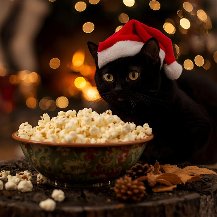 Black cat wearing a Santa hat sitting next to a bowl of popcorn with a festive background.