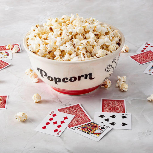Dell Cove® large ceramic popcorn bowl in retro red, white, and black, handmade in Chicago.