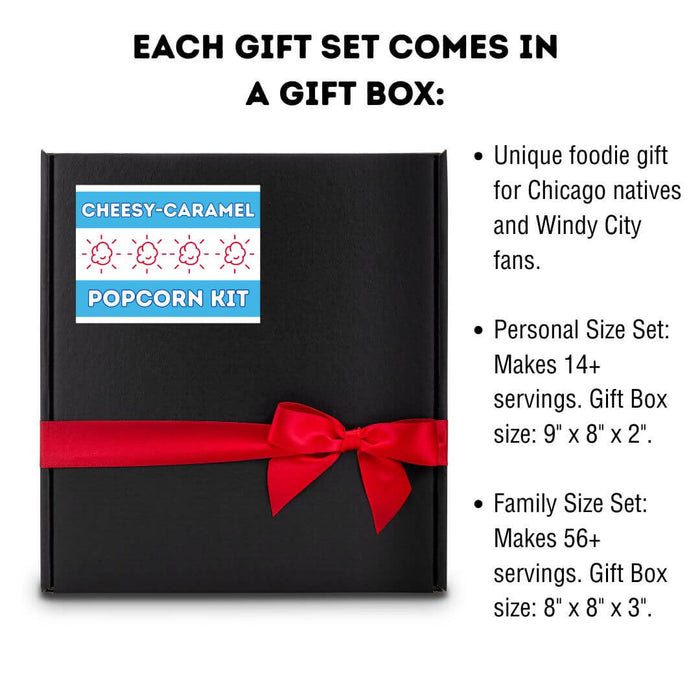 Close up of Dell Cove Cheesy Caramel Popcorn Kit with Chicago mix popcorn in gift box