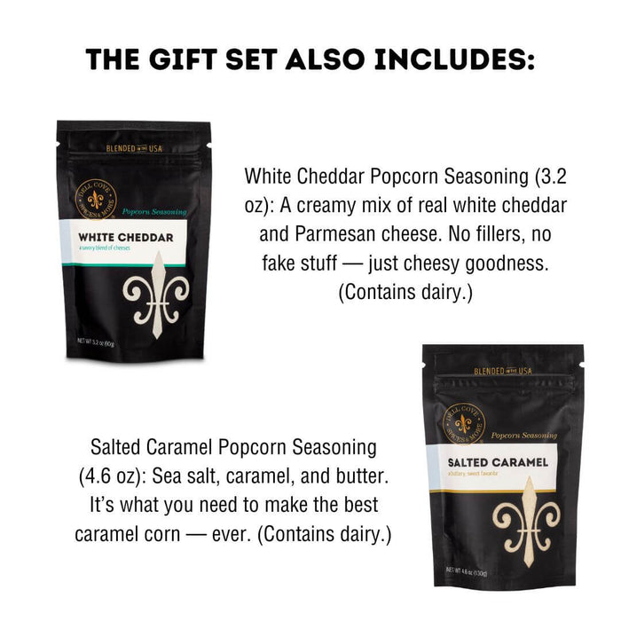 Gourmet popcorn gift set featuring caramel corn and cheddar cheese popcorn seasoning