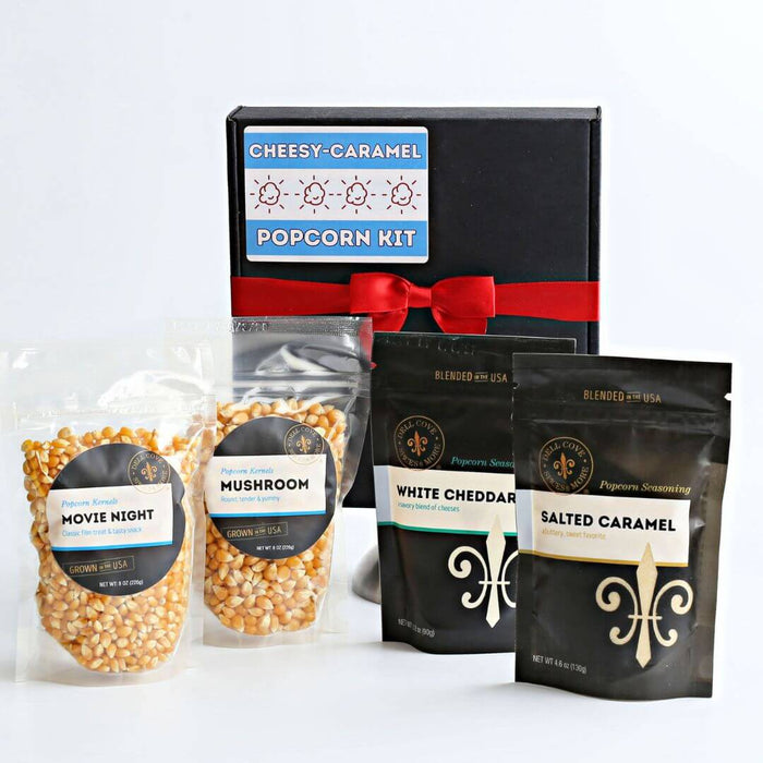 Personal sized 
Dell Cove Cheesy Caramel Popcorn Kit with Chicago mix popcorn in gift box 