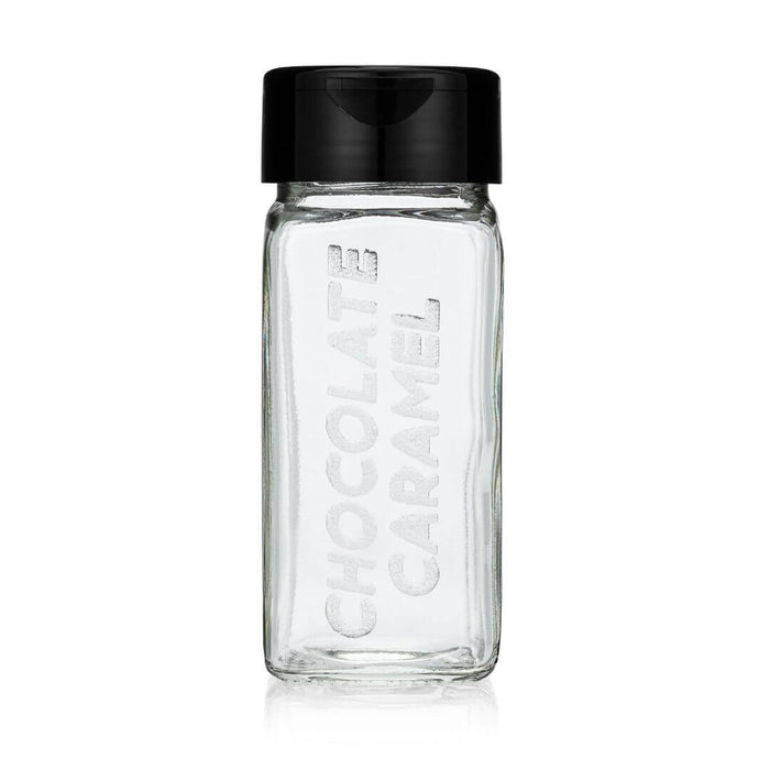 Glass spice jar etched Chocolate Caramel for chocolate caramel popcorn seasonings