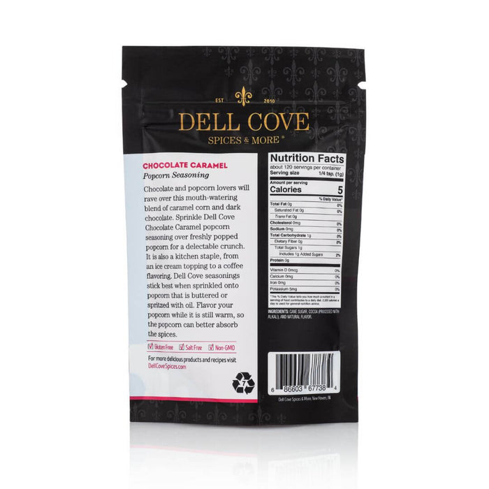Back of Dell Cove® Chocolate Caramel Popcorn Seasoning pouch with nutritional panel – rich cocoa and buttery caramel blend for sweet gourmet popcorn