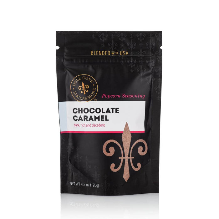Dell Cove® Chocolate Caramel Popcorn Seasoning pouch – rich cocoa and buttery caramel blend for sweet gourmet popcorn