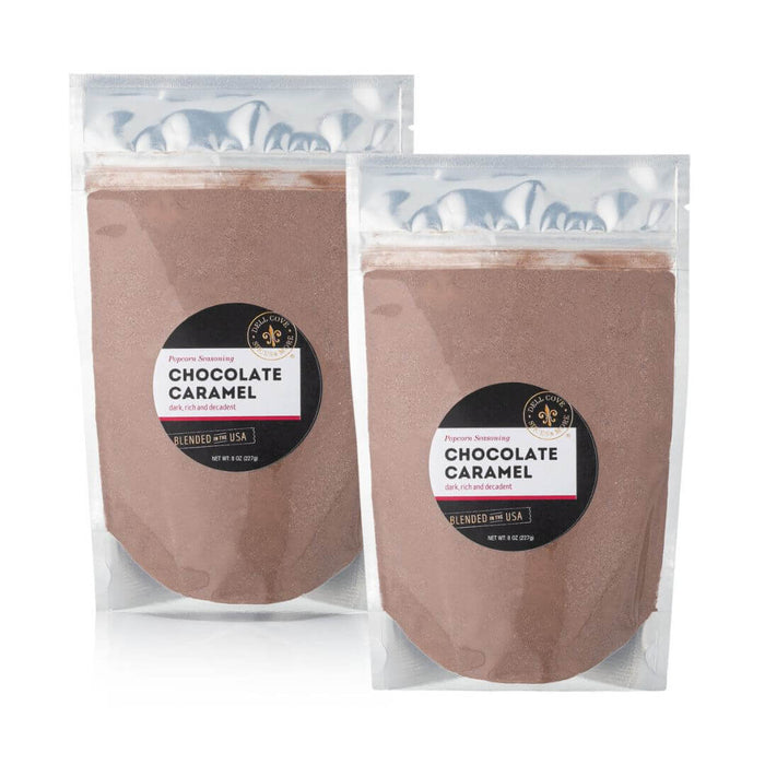 Closeup of Dell Cove® sweet popcorn seasoning blend showing cocoa and caramel crystals – gluten free gourmet flavor
