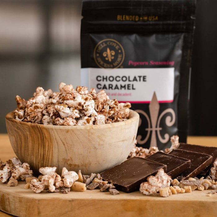 Dell Cove's best selling vegan chocolate caramel popcorn seasoning with a bowl of chocolate caramel popcorn