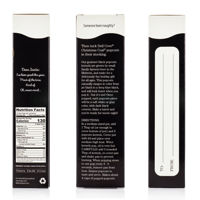 Close-up of Dell Cove® black popcorn kernels packaging – Christmas Coal® holiday popcorn gift.