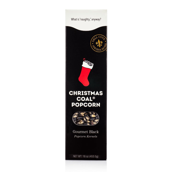 Dell Cove® Christmas Coal® popcorn gift box with a red stocking graphic – playful holiday gift idea.
