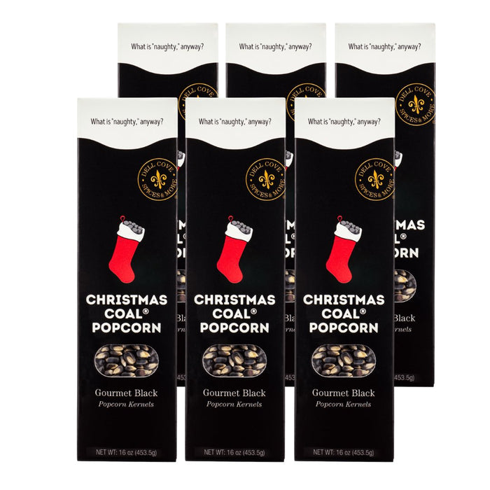 Bulk case pack of six Dell Cove® Christmas Coal® popcorn gift boxes for holiday gifting.