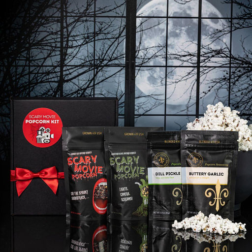 Deluxe Scary Movie Popcorn Kit with popcorn and packaging for Halloween party snacks and gifts for monster and horror movie fans.