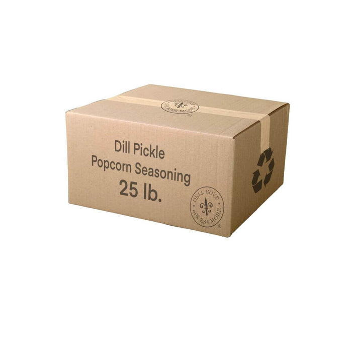 Dell Cove Dill Pickle Popcorn Seasoning 55 pound bulk box – gluten-free popcorn salt with zesty pickle flavor.