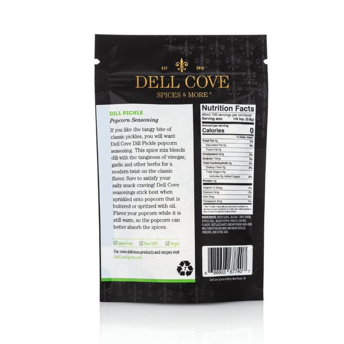 Dell Cove Dill Pickle Popcorn Seasoning pouch with nutritional panel – gluten-free popcorn salt with zesty pickle flavor.