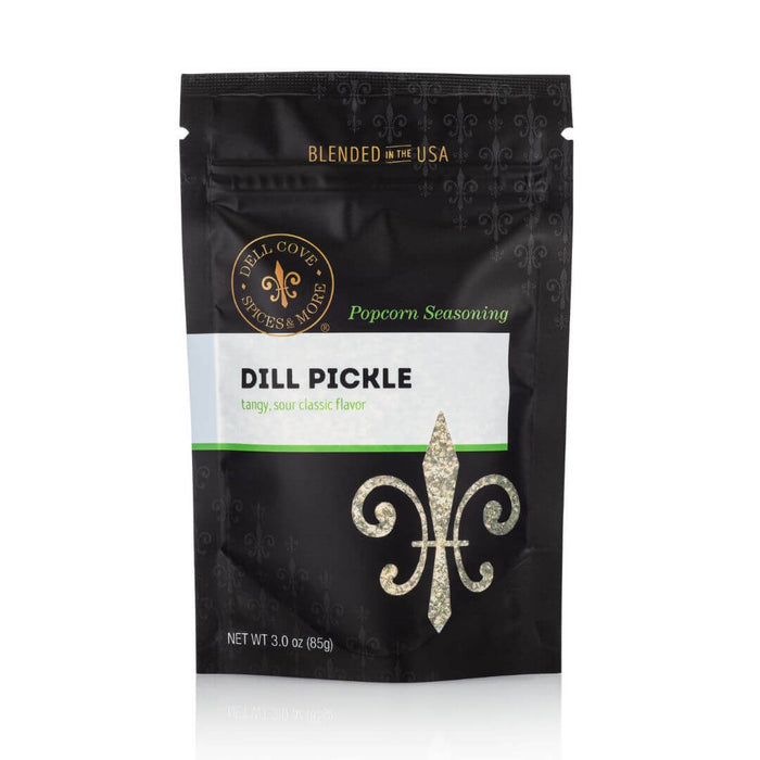 Dell Cove Dill Pickle Popcorn Seasoning on white background – tangy popcorn salt and flavoring made with real dill, garlic, and vinegar.