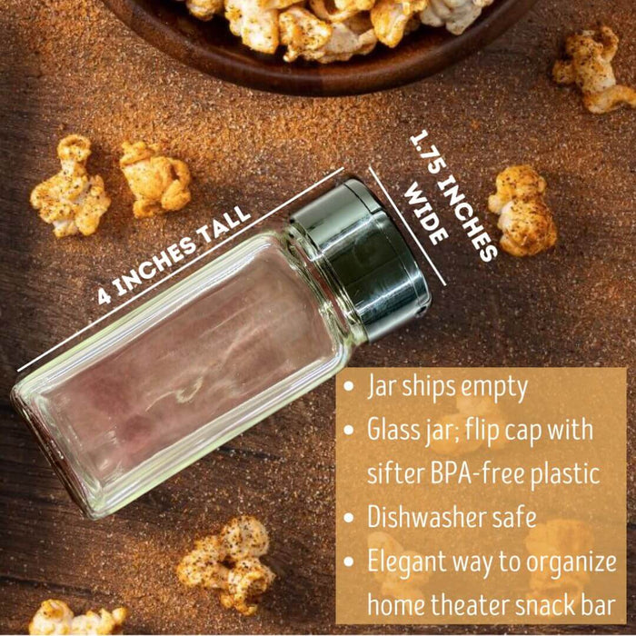Empty Dell Cove glass spice jar with flip-top sifter lid, shown with dimensions and product features