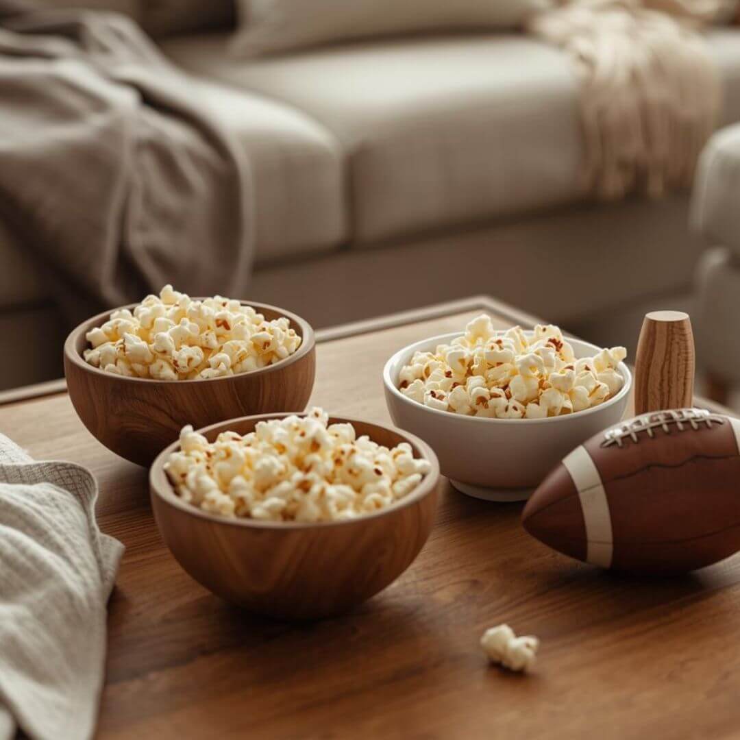 Three bowls of popcorn on a wooden table with a football, in a cozy living room setting.