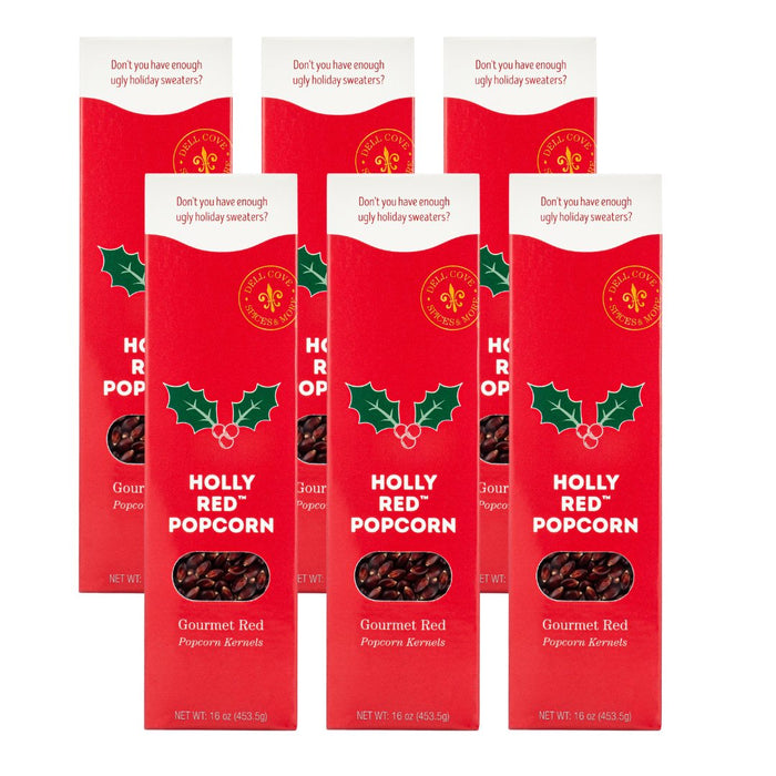 Case pack of six Dell Cove® Holly Red® popcorn gift boxes for bulk holiday gifting.