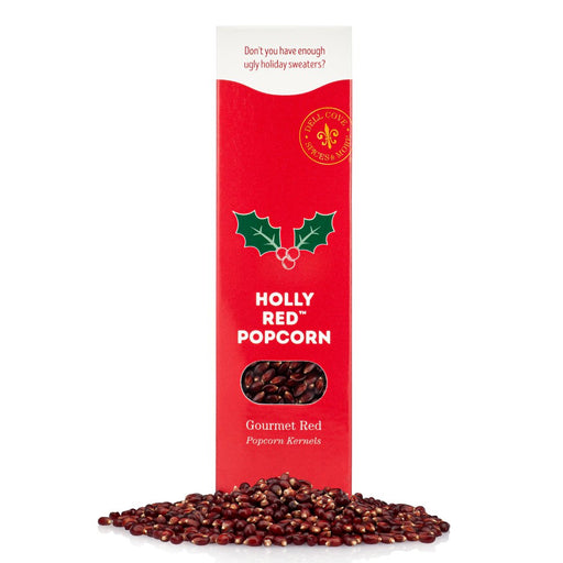 Red popcorn kernels from Dell Cove® Holly Red® gift box, ready for holiday snacking.