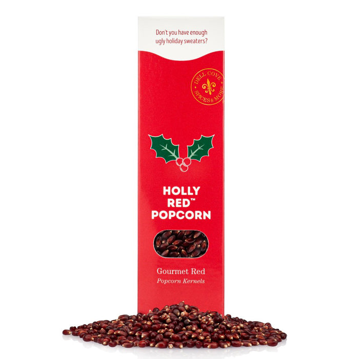 Red popcorn kernels from Dell Cove® Holly Red® gift box, ready for holiday snacking.