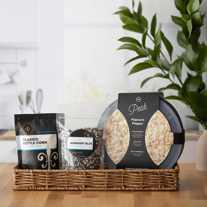 Dell Cove® Personalized Popcorn Gift Set with kernels, seasoning, and microwave popper that arrives in ribbon-tied gift box.