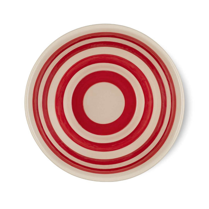 Close-up of Dell Cove® ceramic popcorn bowl showing red interior spiral glaze and vintage design.