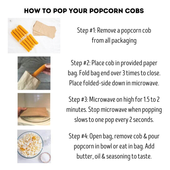 Instructions on how to pop Dell Cove popcorn cobs with text and images.
