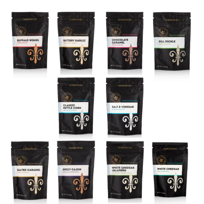 Dell Cove Popcorn Seasoning Sampler Box with 10 gourmet popcorn flavors displayed in black gift box, perfect for popcorn bars or movie nights.
