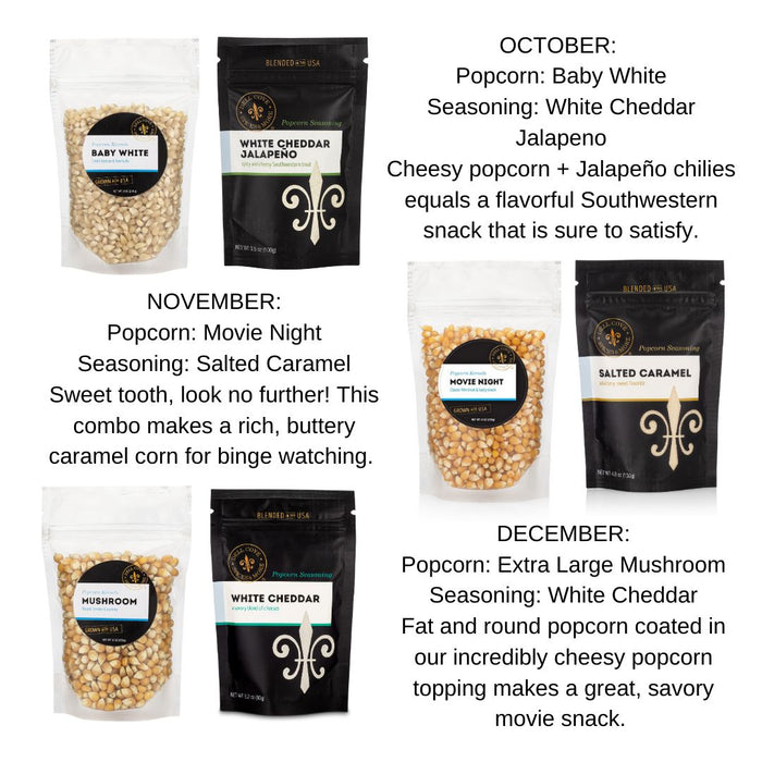 Final three months of Dell Cove Popcorn of the Month Club subscription gift with gourmet kernels and seasonings.