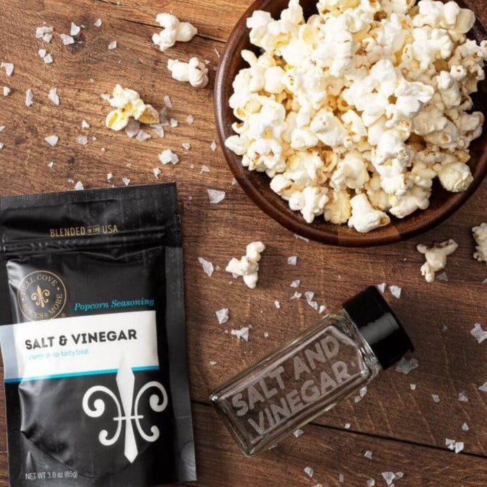 Close-up of Dell Cove Salt and Vinegar Popcorn Seasoning showing coarse sea salt and vinegar powder texture.