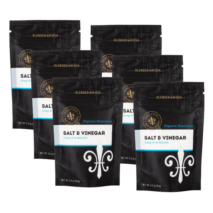 Bulk pack bundle - multiple packages of Dell Cove gluten free Salt & Vinegar popcorn seasoning on a white background
