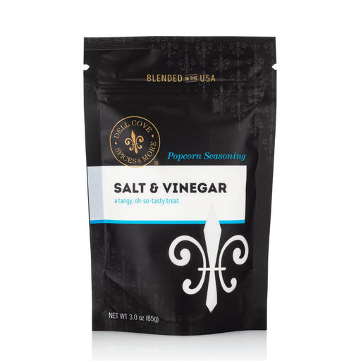 Dell Cove Salt and Vinegar Popcorn Seasoning pouch on white background – tangy vinegar and sea salt popcorn flavoring.