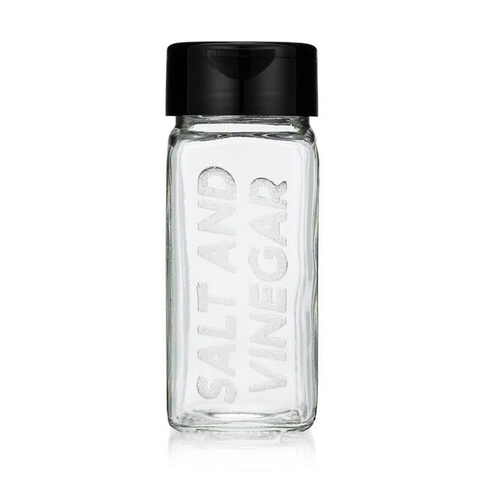 Empty glass spice jar for storing Salt and Vinegar popcorn seasonings 