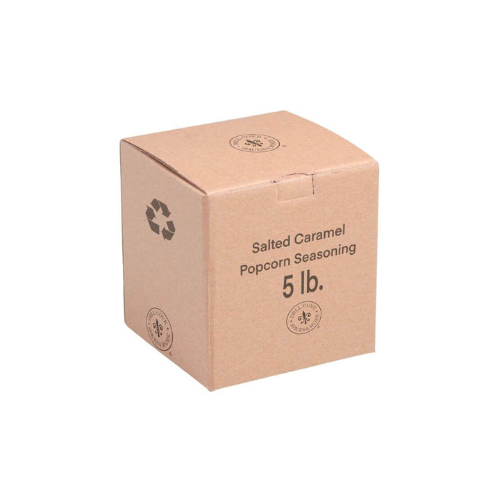 Dell Cove Salted Caramel Popcorn Seasoning 5 pound box on white background – sweet and salty popcorn topping