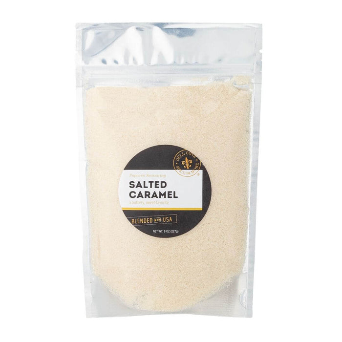 Close-up of Dell Cove Salted Caramel popcorn seasoning showing golden caramel sugar blend