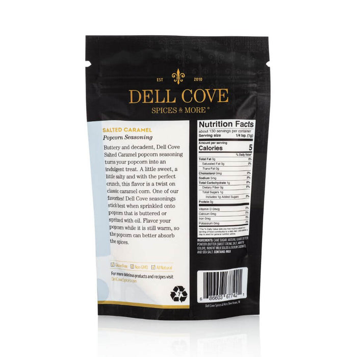 Dell Cove Salted Caramel Popcorn Seasoning pouch with nutrition information on white background – sweet and salty popcorn topping