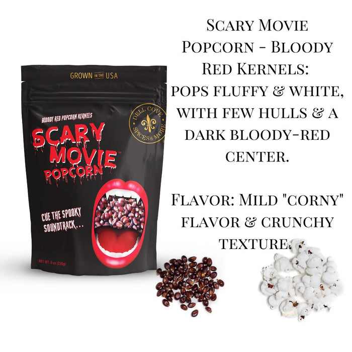 Close-up of Dell Cove® Scary Movie Popcorn Bloody Red popcorn kernels – heirloom gourmet popcorn with a natural red hue.