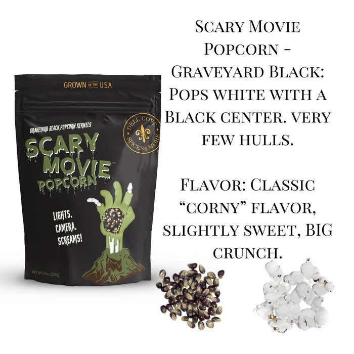 Scary Movie Popcorn with black popcorn kernels and popped popcorn for Halloween movie snacks.