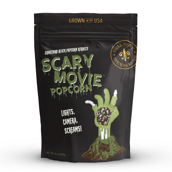 Scary Movie Graveyard Black popcorn kernels that pop into fluffy white puffs and dark black centers