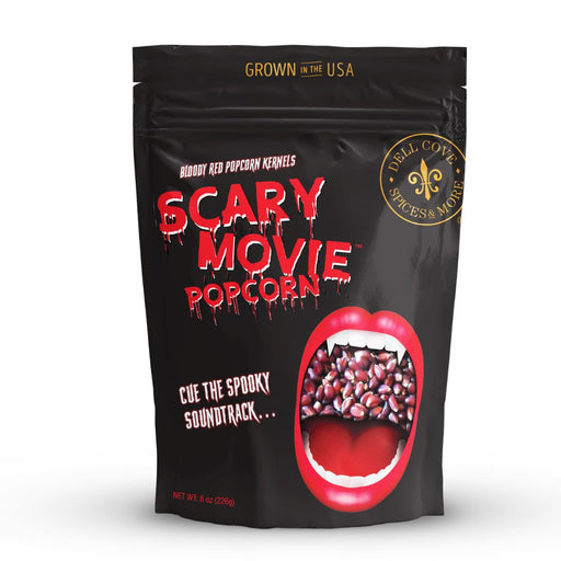 Front of Dell Cove® Scary Movie Bloody Red popcorn kernels pouch – part of the Vampire Movie Popcorn Kit.
