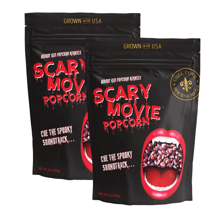 Two packages of Scary Movie Popcorn with a Rocky Horror Picture Show like mouth graphic on a white background.