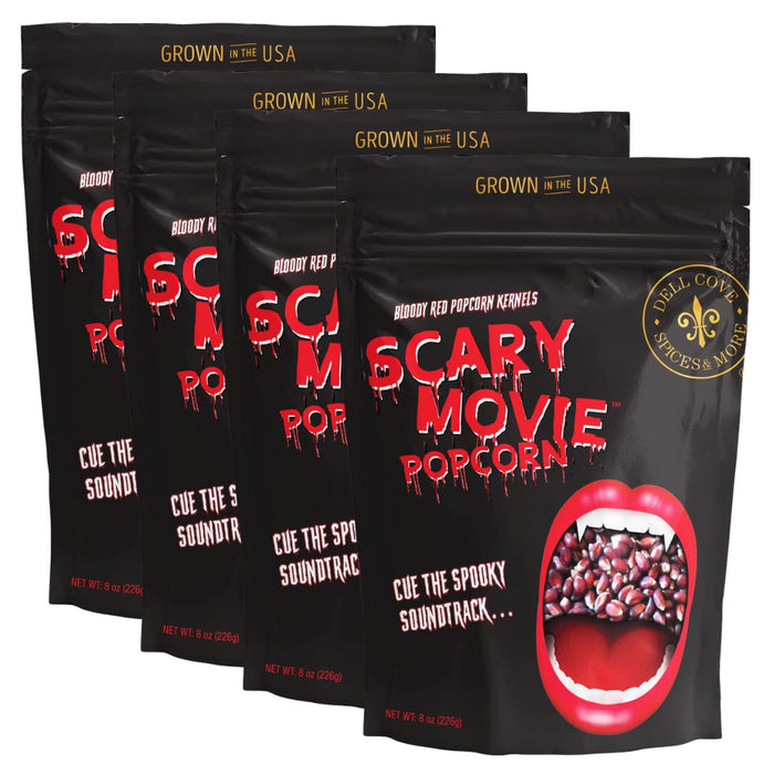 Four packages of Scary Movie Popcorn with a Rocky Horror Picture Show like mouth graphic on a white background.