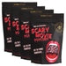Four packages of Scary Movie Popcorn with a Rocky Horror Picture Show like mouth graphic on a white background.