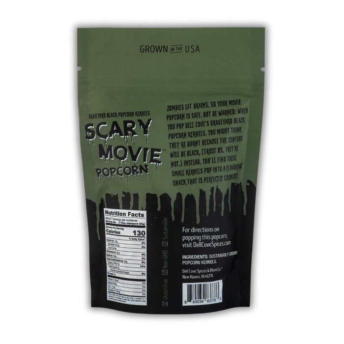 Green and black popcorn bag with Scary Movie Popcorn text and nutritional label