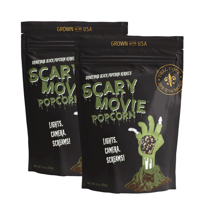 Two packages of Dell Cove's Scary Movie Popcorn with a zombie hand design on a white background.