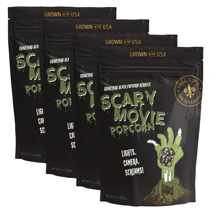 Dell Cove Scary Movie Popcorn black bags for Halloween treats or zombie horror movie fan gifts.