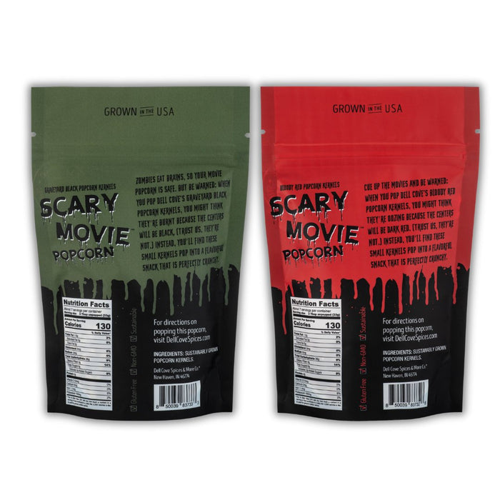 The back sides of Dell Cove Scary Movie Popcorn packages, one green and one red, that shows information about the popcorn kernels and nutritional labels.