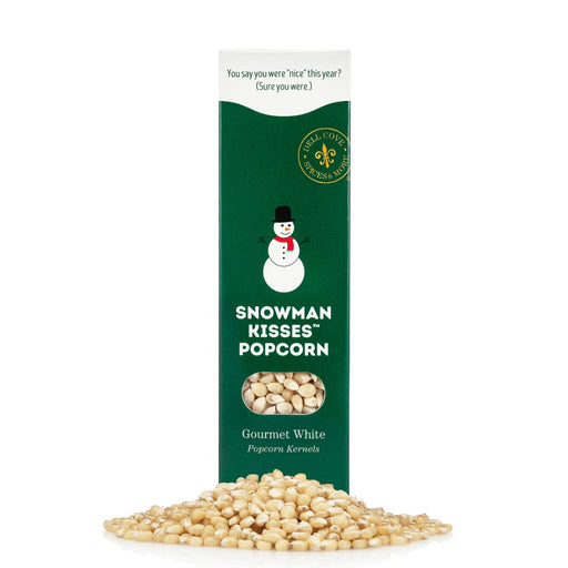 Dell Cove® Snowman Kisses® popcorn kernels in festive green gift box, ready for Christmas stocking stuffer.